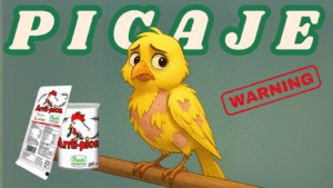 Ilustración educativa de un canario afectado por picaje, con áreas del cuerpo desplumadas y etiquetas señalando causas como pérdida de plumas, estrés y carencia nutricional
